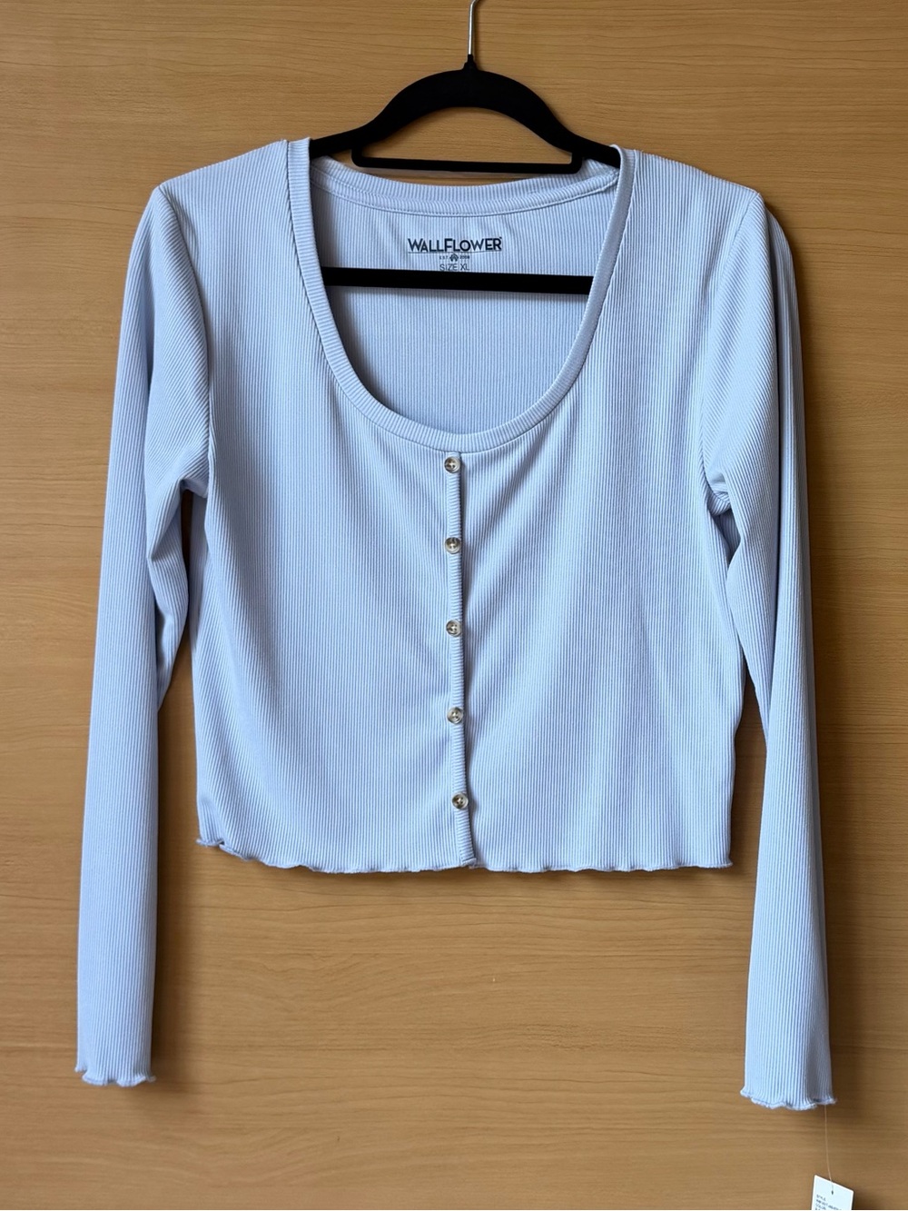 NWT WallFlower Blue Ribbed Button Front Crop Top Long Sleeve Stretch XL